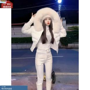 白色可拆卸狐狸毛领白鸭绒收腰短款羽绒服女2024年冬季新款外套