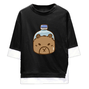卡皮巴拉可爱水豚君卡比巴卡通周边日系男女同款半袖T恤衫假两件