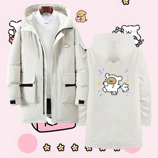 马尔济斯线条小狗印花周边情侣装冬季长袖男女休闲定制带帽羽绒服