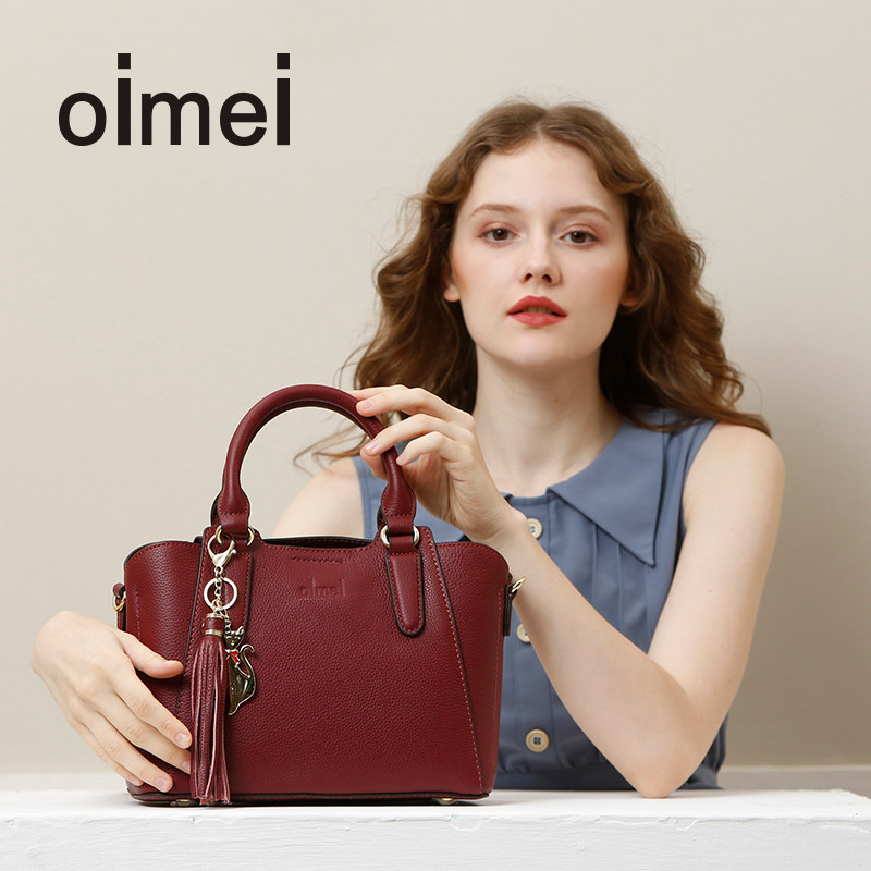 oimei头层牛皮斜挎包女小包包单肩手提包气质真皮中年女包妈妈包