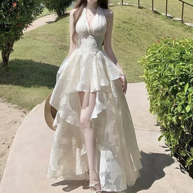 仙女款纯白纯欲森系“月影琉璃”连衣裙蕾丝吊带挂脖长裙沙滩旅游