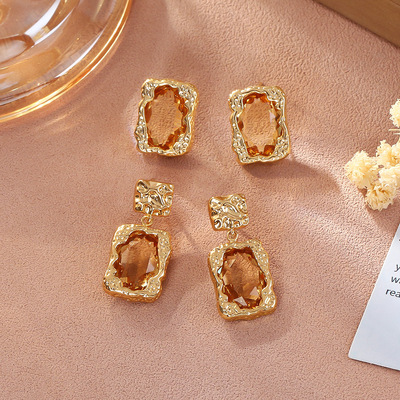 瑞士【设计师】Francesca 美拉德咖色水晶方糖耳钉轻奢耳环耳饰