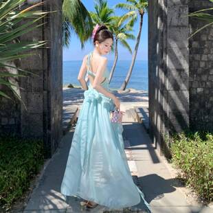 薄荷绿度假氛围感挂脖仙气美背蝴蝶结仙长裙适合海边拍照的裙子