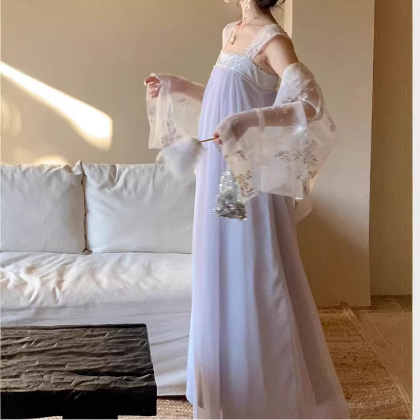 【流仙】薄纱无袖吊带连衣裙女白色高端独特漂亮海边度假裙子
