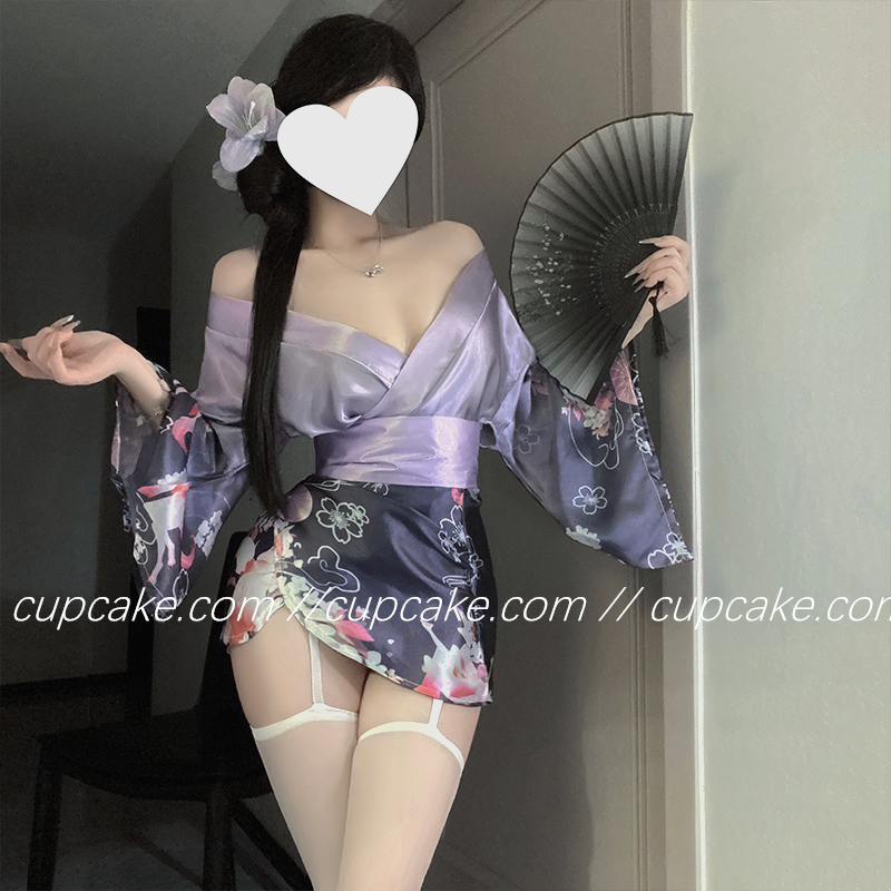 东京少女 紫色和服风浴袍性感深v开襟樱花日式系居家制服睡裙套装