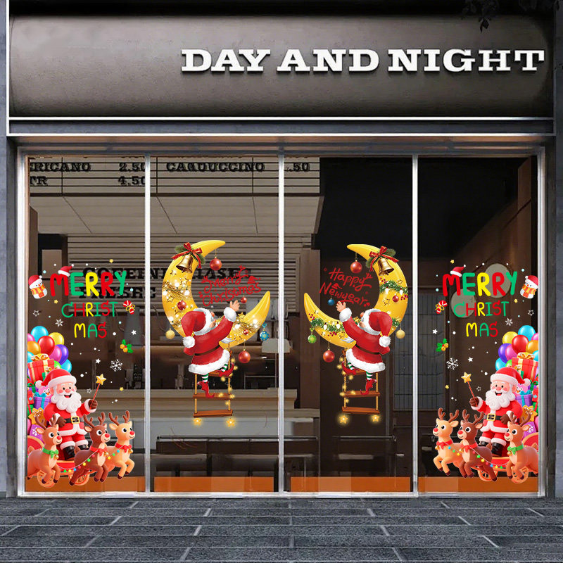 圣诞节装饰静电贴纸圣诞老人树店铺场景布置耶诞氛围玻璃门橱窗贴