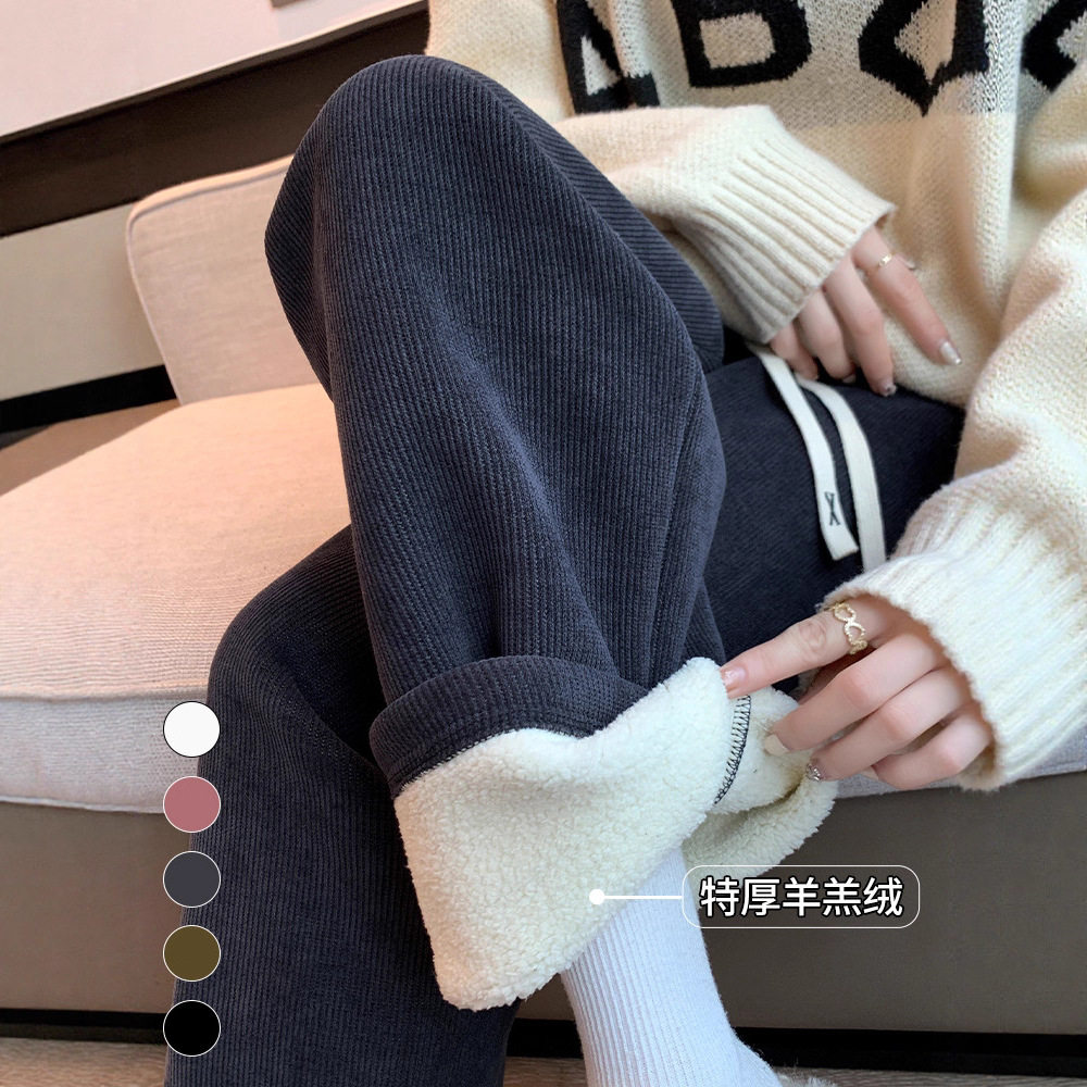 加绒加厚阔腿裤子女秋冬2025新款灯芯绒卫裤外穿棉裤羊羔绒直