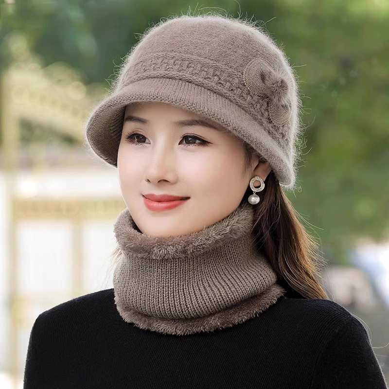 中老年人秋冬季毛线帽子围巾套优雅百搭加绒保暖松鼠绒女士针织