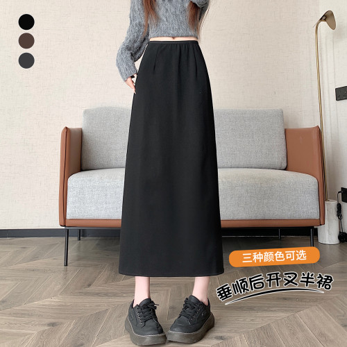 秋冬季韩版松紧毛呢纯色高腰显瘦中长裙chi中长半身裙女