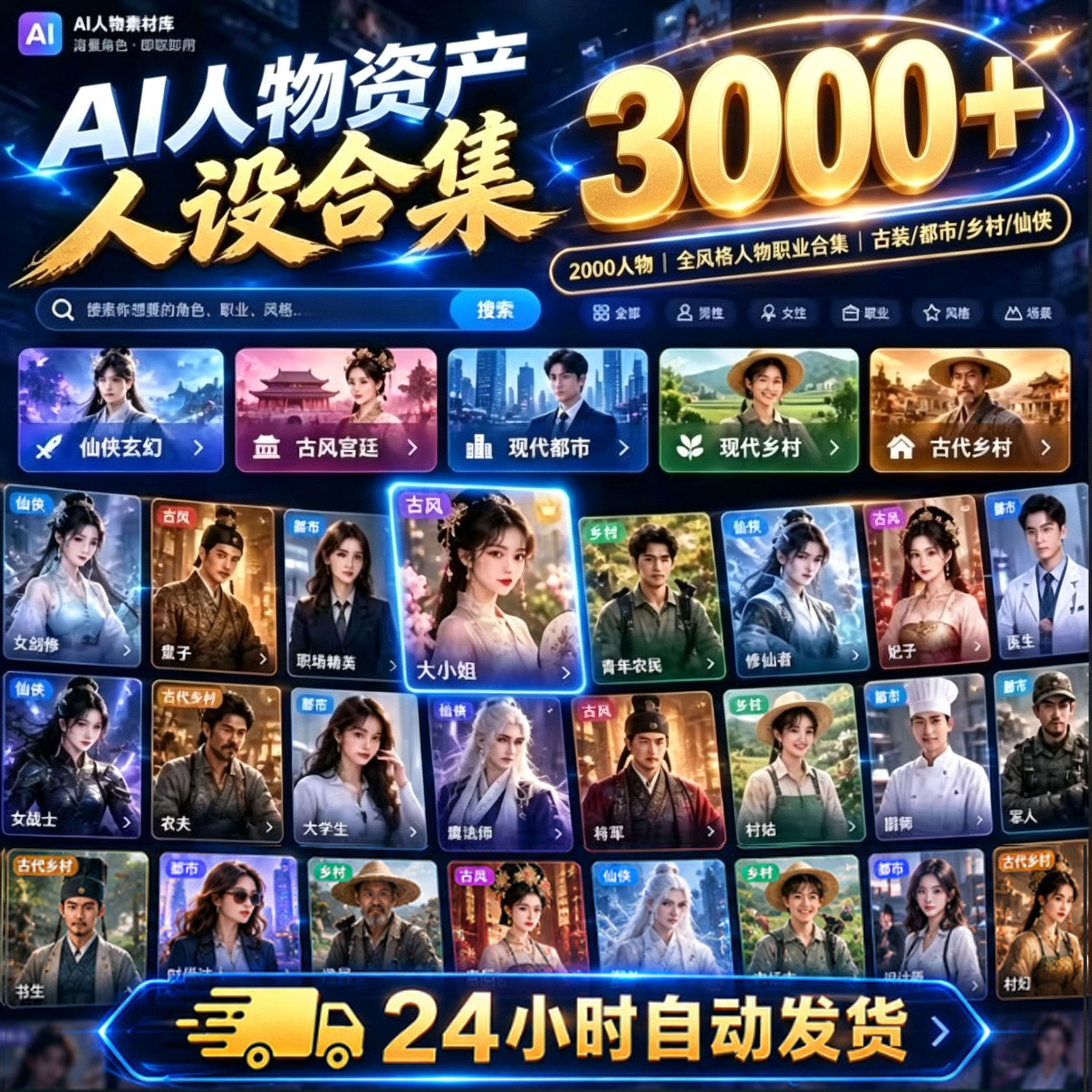 AI漫剧短剧人物资产2000套人设合集古装现代乡村风格职业角色素材