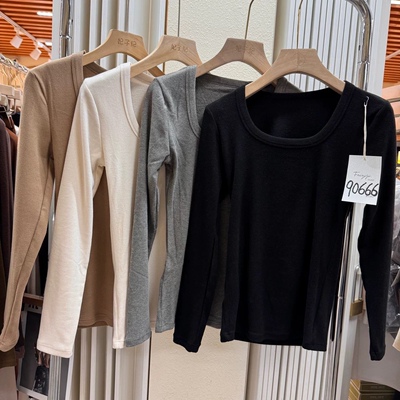 妃子纪打底衫女秋冬新款方领长袖T恤修身内搭基础单穿上衣潮90666