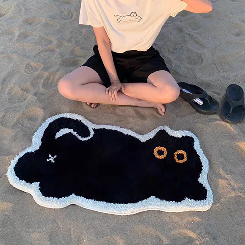 可爱黑猫咪植绒簇绒地毯客厅卧室床边毯简约毛绒家居创意地垫懒惰
