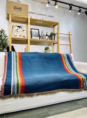 蓝色线条欧美风外贸原单户外客厅棉线针织毯子沙发毯空调毯盖毯