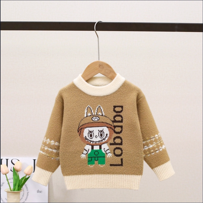 儿童拉布布长袖毛衣男童秋季新款撞色女童宝宝冬天加绒圆领打底衫