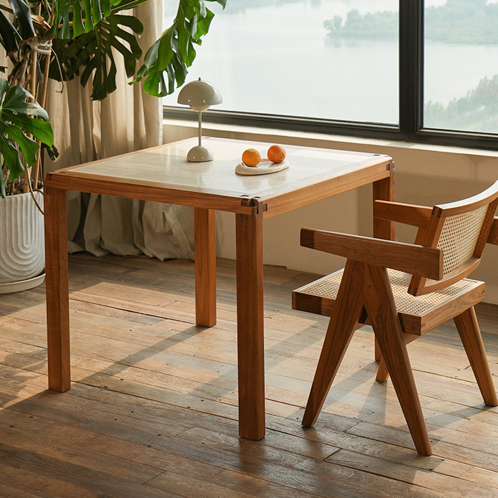 MUNA缅甸柚木掼蛋专用桌天然洞石方桌正方形打牌桌掼蛋中古风桌子