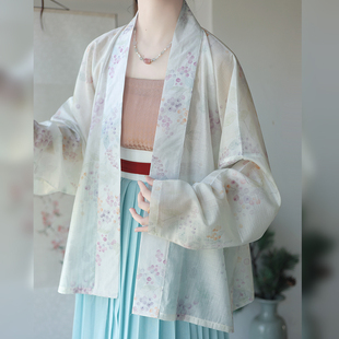 原創漢服女春夏秋 薄款 池秋記宋制天絲印花飛機袖 日常通勤防曬開衫