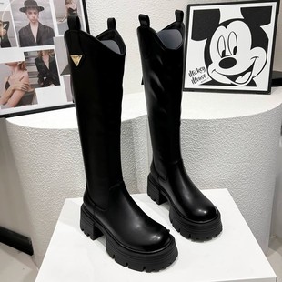 真皮长靴子2025年高筒骑士靴女增高6cm厚底防水台女机车靴瘦瘦靴