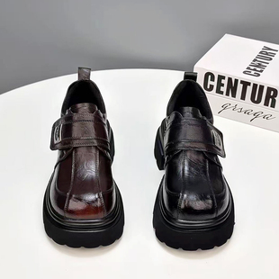 厚底乐福鞋女2026春季新款真皮欧货小个子百搭一脚蹬魔术贴小皮鞋