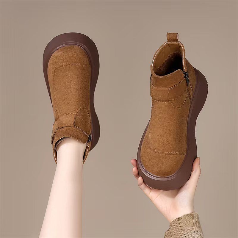 2025新款翻毛皮短靴冬季真皮加绒棉靴套筒增高厚底松糕底马丁靴女