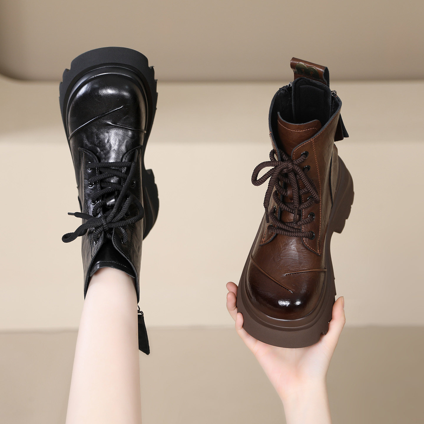 爆款真皮厚底增高马丁靴女款2025秋冬新款英伦复古圆头流行短靴子,女鞋,马丁靴,淘宝优惠券,粉丝福利购,淘宝优惠卷