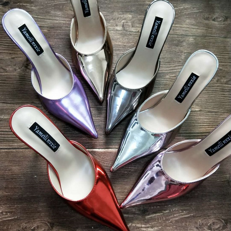 拖鞋欧美女高尖头细跟包头试衣