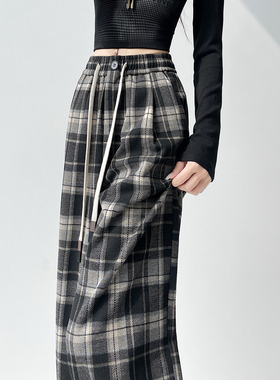 黑白复古毛呢格子阔腿裤女小个子秋冬新款加绒加厚直筒休闲长裤子