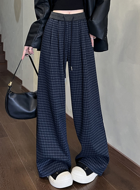加绒针织格子阔腿裤女2025秋冬新款直筒宽松窄版休闲裤仿毛呢长裤