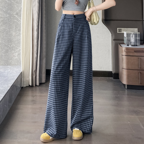 蓝色细纹格子裤女夏薄款阔腿裤子