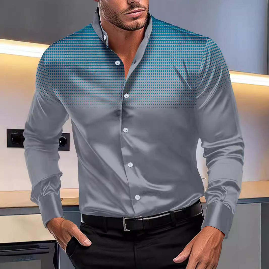 外贸 春秋新款欧美男士四面弹圆点印花日常休闲立领长袖衬衫