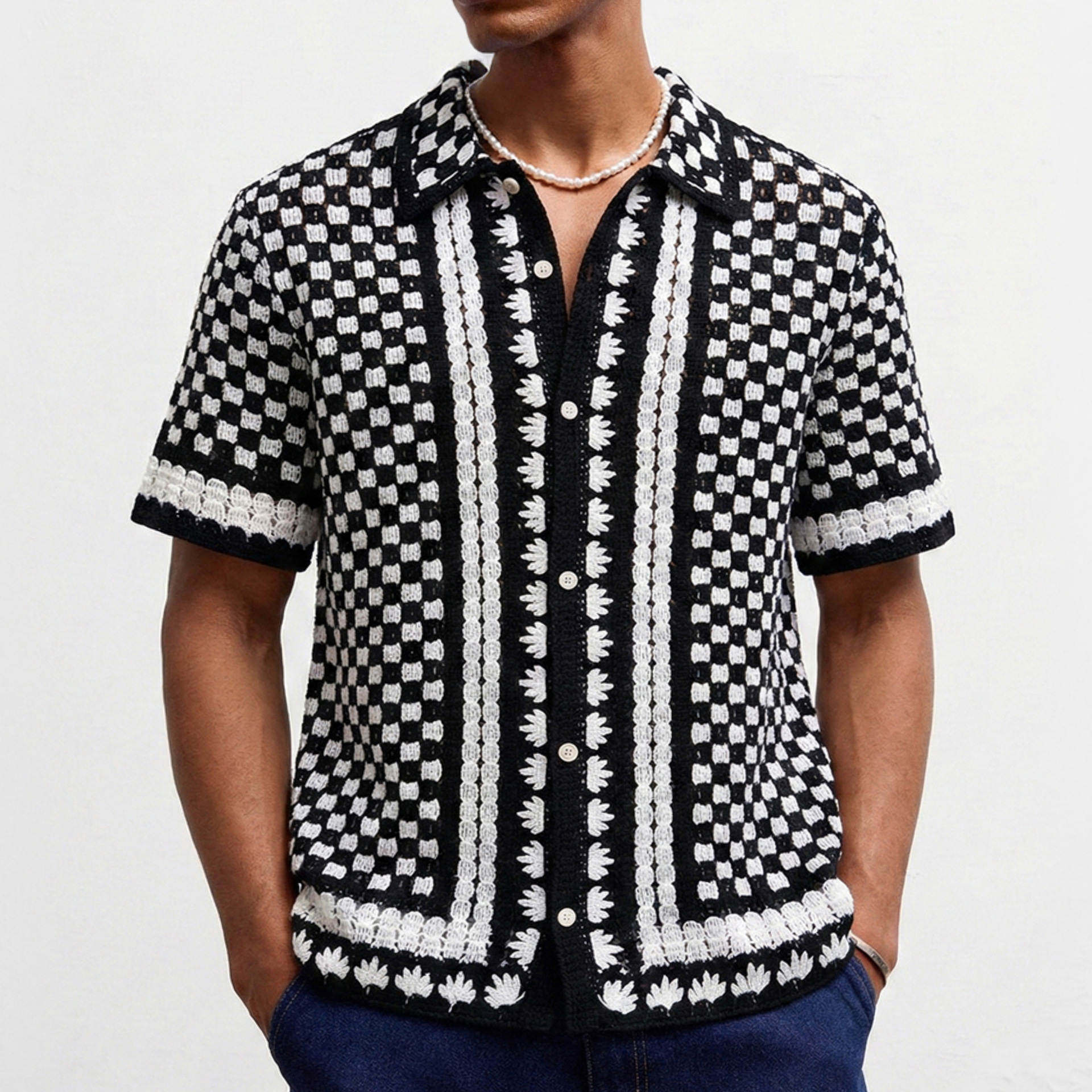 男士钩花针织开衫夏季黑白格子镂空短袖休闲POLO衫外贸男装SY0004