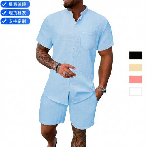 2026夏季亚马逊速卖通欧美外贸男装立领衬衫休闲短袖短裤沙滩套装