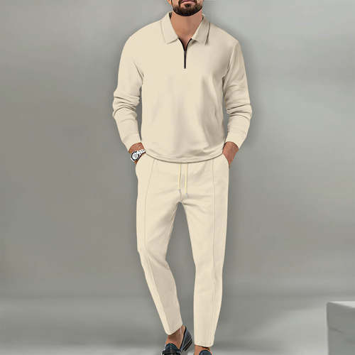 2026款亚马逊外贸男装新款华夫格纯色拉链长袖运动长裤两件套套装