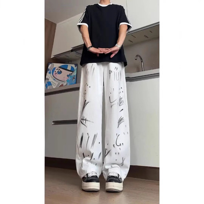 Yuquan白色泼墨涂鸦牛仔裤男款春秋美式复古vibe直筒弯刀直筒