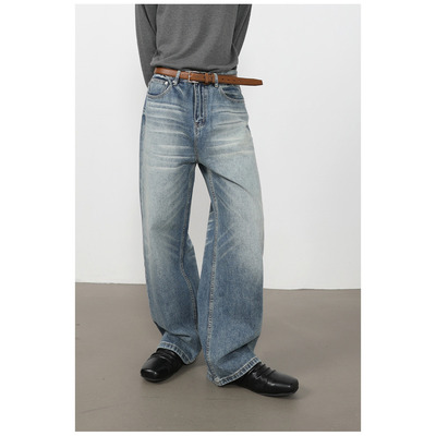 Yuquan羽泉男装新款美式复古竹节纹前口袋设计牛仔裤男宽松