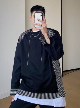 Yuquan嘻哈说唱高街潮几何图案拼接插肩袖圆领卫衣男重磅长袖T恤