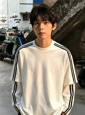 Yuquan黑色条纹撞色假两件长裤T恤男款宽松拼接卫衣少年感穿搭