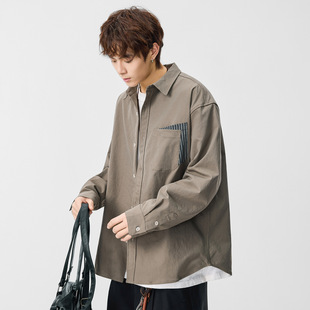 Yuquan日系拼接撞色补丁工装衬衫男春装设计感小众潮流阔版衬衣