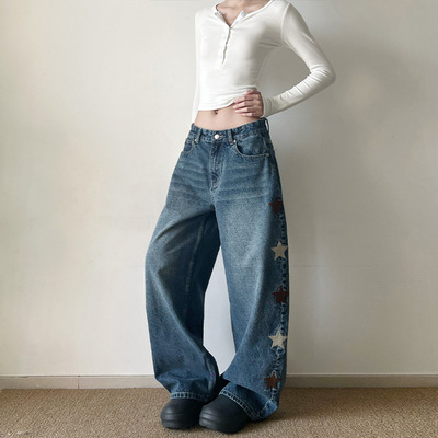 Yuquan羽泉男装 美式复古侧边星星刺绣弯刀牛仔裤男女baggy廓形
