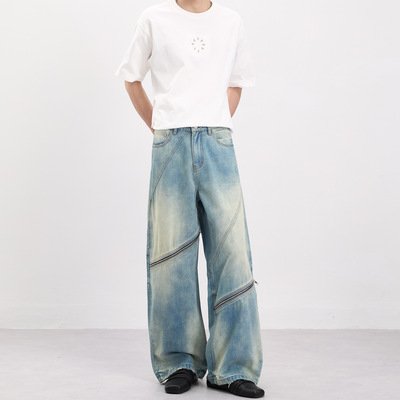 Yuquan羽泉男装 美式渐变水洗拉链开口破洞牛仔裤男女潮牌设计