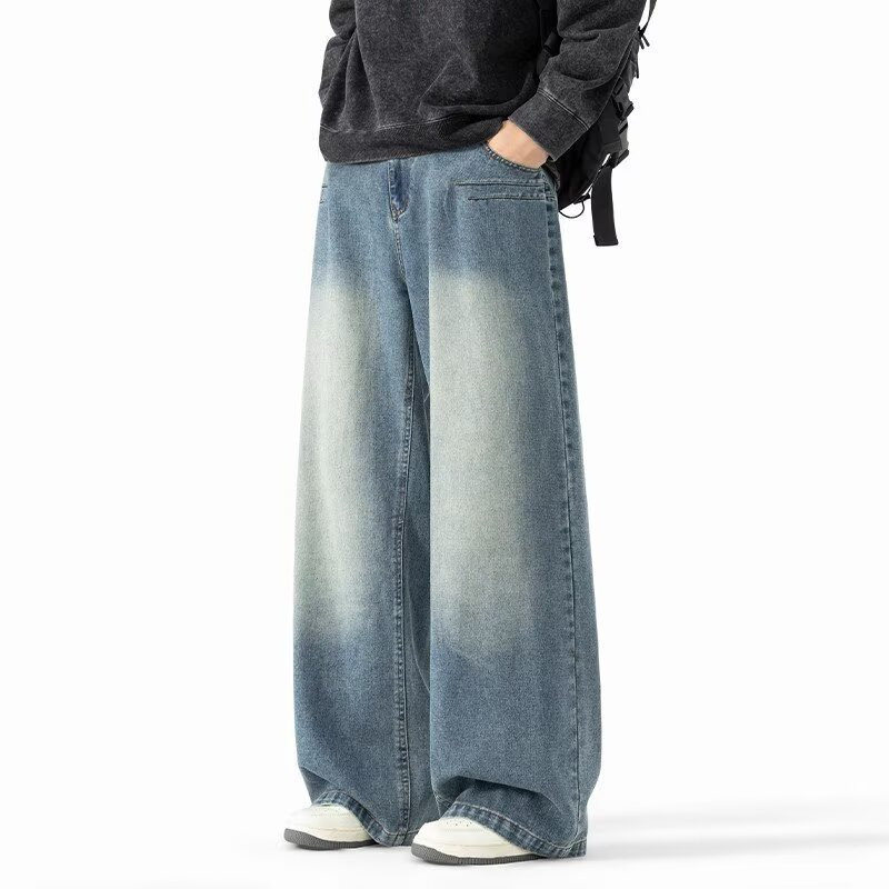 Yuquan美式复古水洗垂感宽松牛仔裤男款黑色直筒阔腿裤oversize