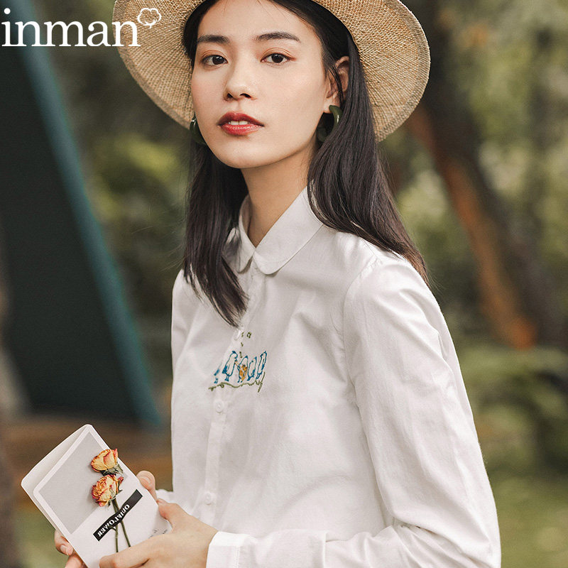 茵曼旗舰店女士衬衫长袖纯棉茵蔓2020年新款秋季白色衬衣寸衫上衣