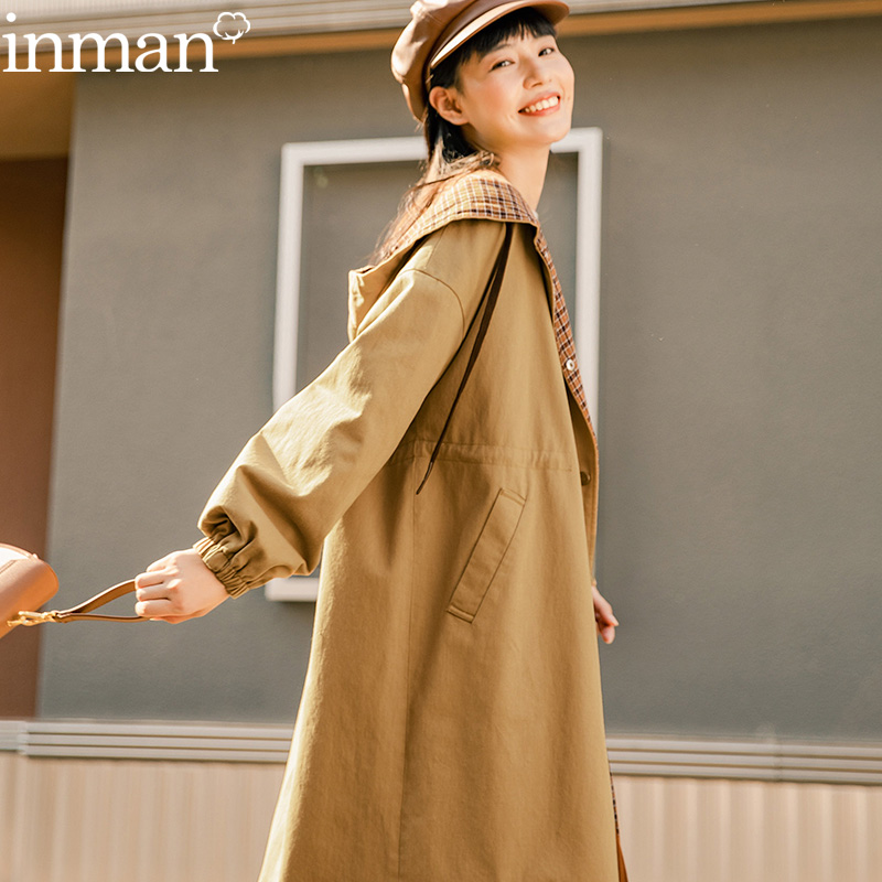 茵曼旗舰店卡其色风衣2020新款中长款宽松设计感外套连帽春秋女装