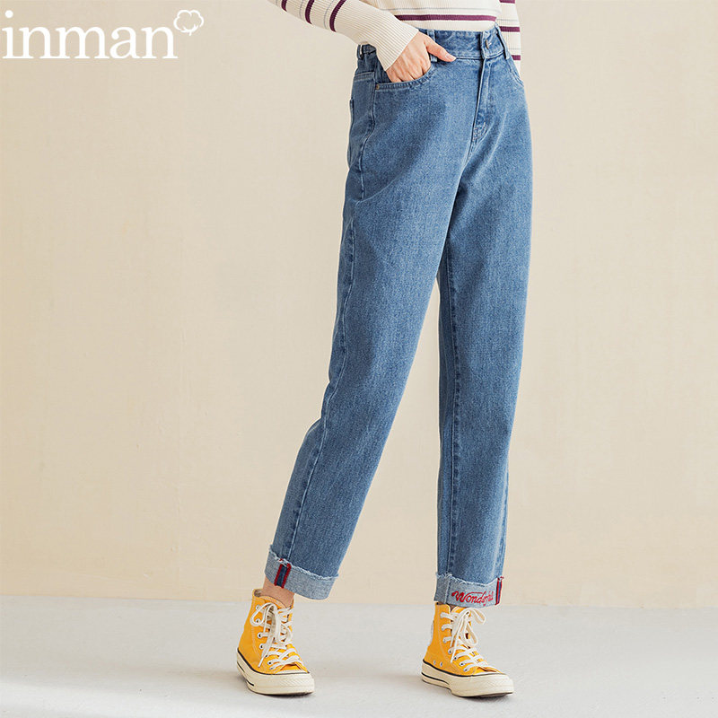 茵曼2020年秋季直筒高腰梨型梨形身材牛仔裤女裤子烟管裤显瘦茵蔓