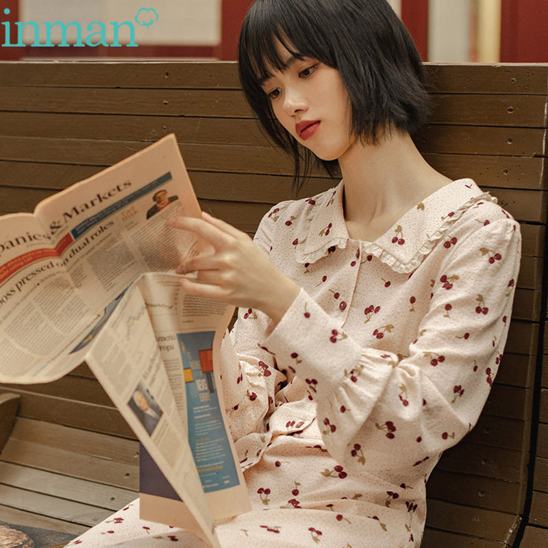茵曼秋装2020年新款盐系娃娃领樱桃碎花长袖秋季裙子小清新连衣裙