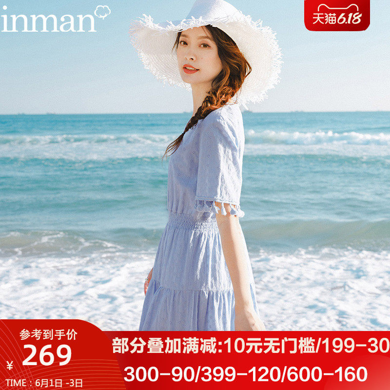 茵曼白色仙女蓝色长裙连衣裙法式初恋裙复古仙气森系文艺女装夏季