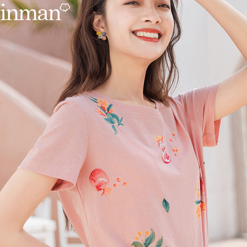 茵曼旗舰店女装茵蔓纯棉大领口T恤宽松水果小衫短袖2020新款夏装