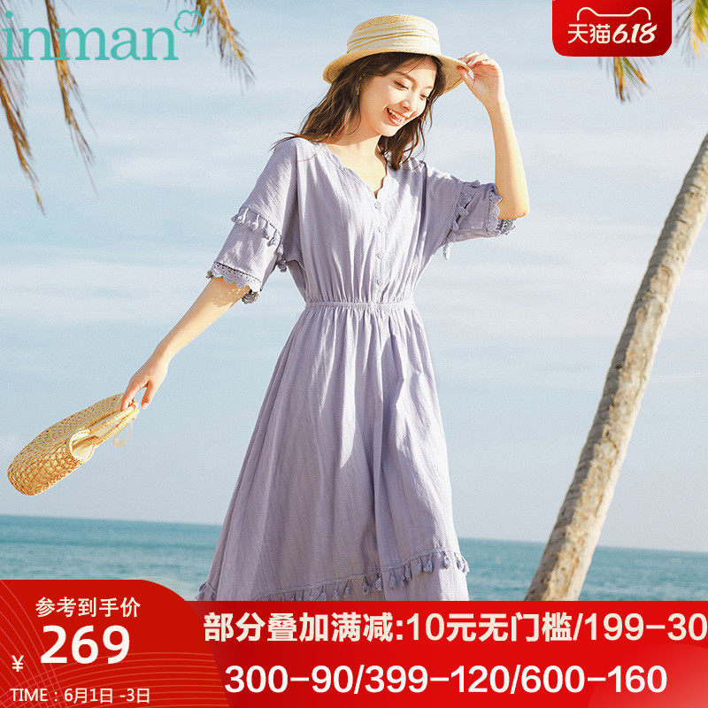 茵曼可盐可甜连衣裙淡黄的长裙桔梗裙森系初恋裙子温柔风夏天显瘦