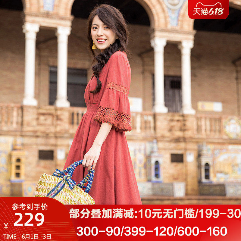 茵曼旗舰店夏装茵蔓女装连衣裙法式红裙红色裙子2020年夏季小清新