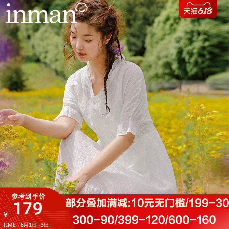 茵曼梗桔法式短袖北欧风连衣裙子2020年新款春夏装日系连身裙茵蔓