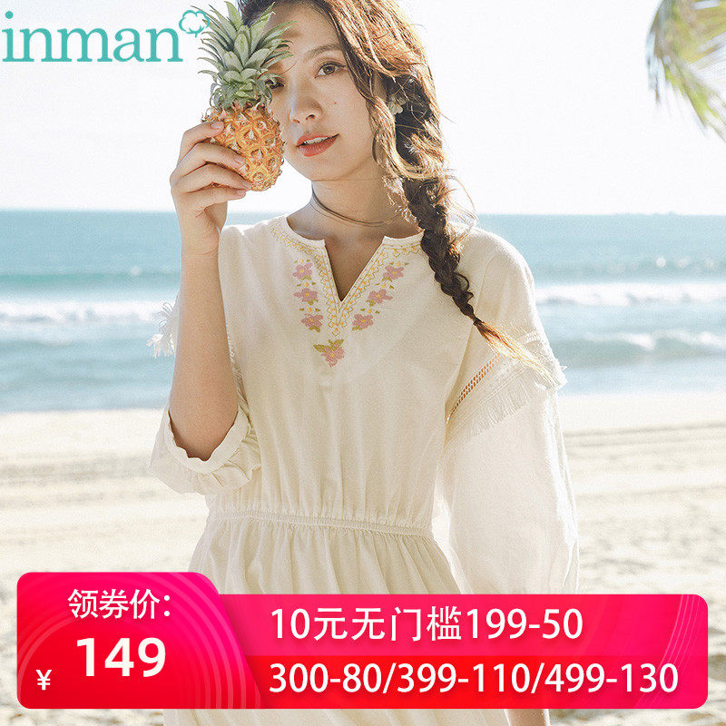 茵曼泡泡袖甜美夏季森系春连衣裙仙女裙女装长裙脚踝仙气质白裙子